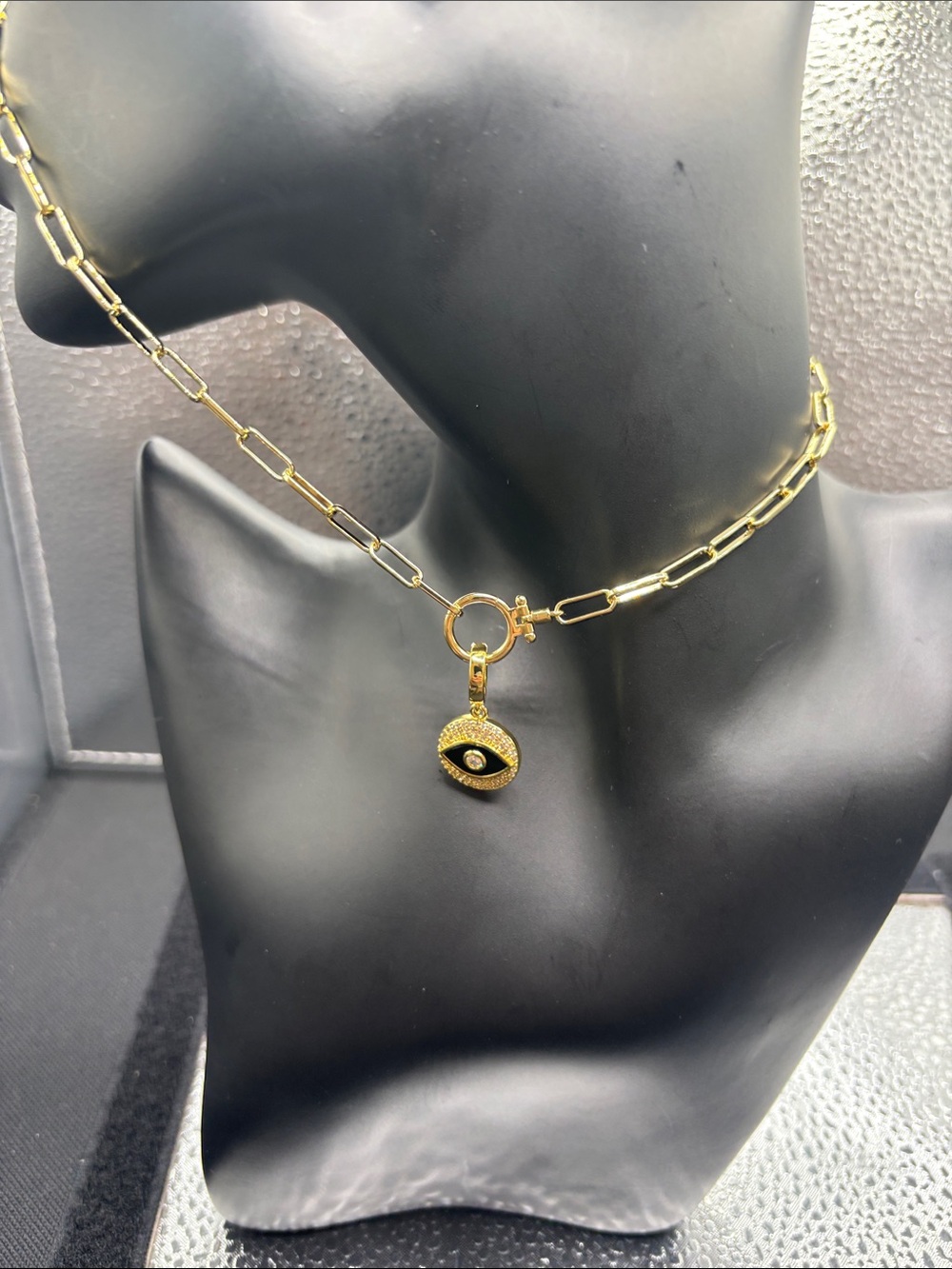 Gold Evil Eye Charm Paperclip Chain Necklace
